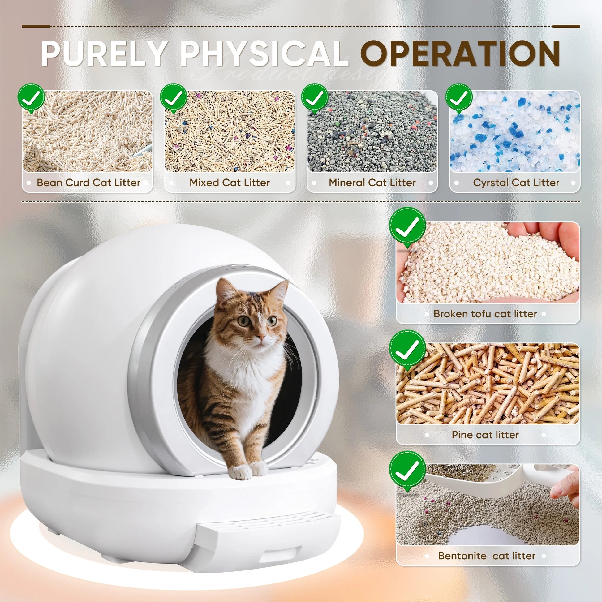 Automatic Self-Cleaning Cat Litter Box with Plastic Pad and App Control - White