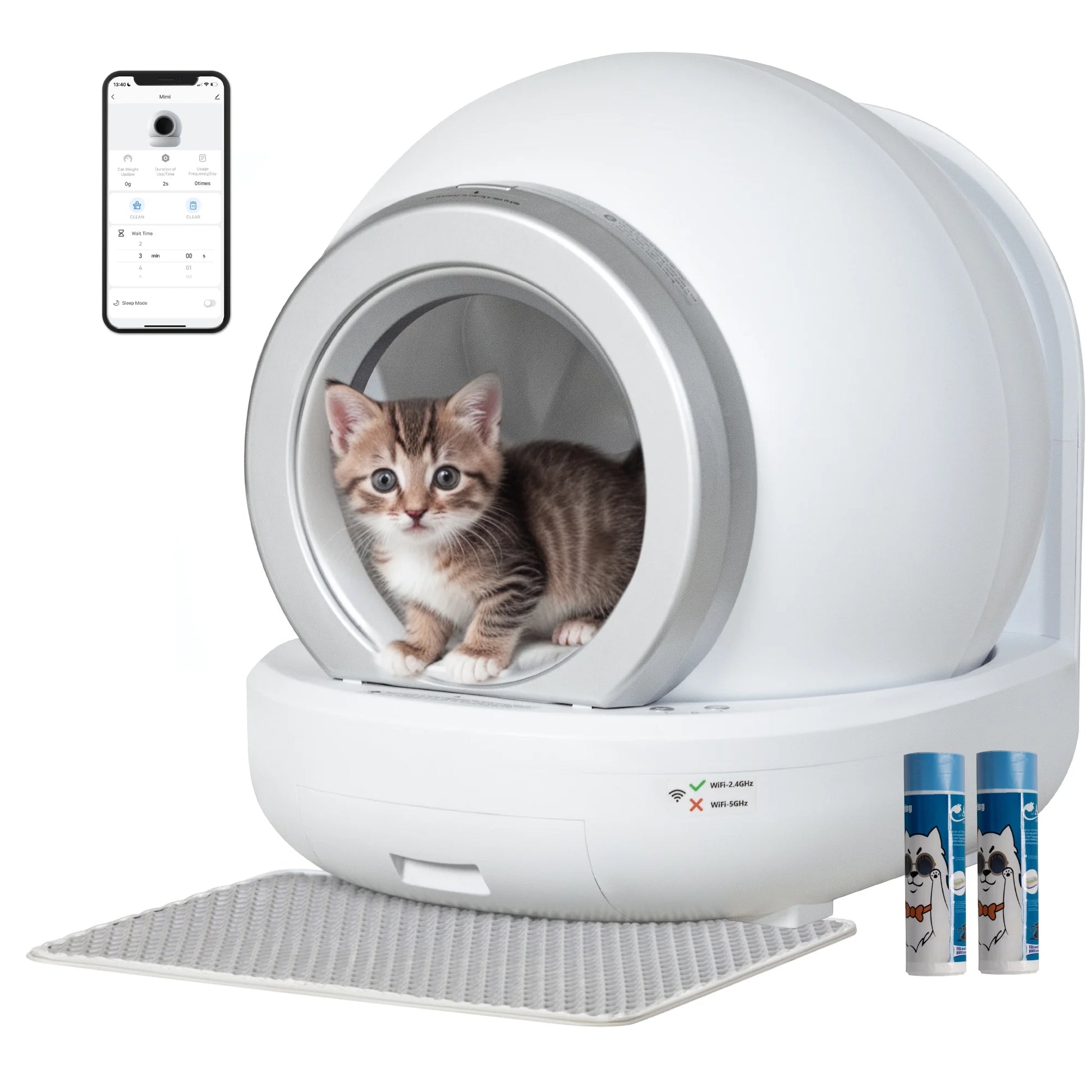 Automatic Self-Cleaning Cat Litter Box with Plastic Pad and App Control - White