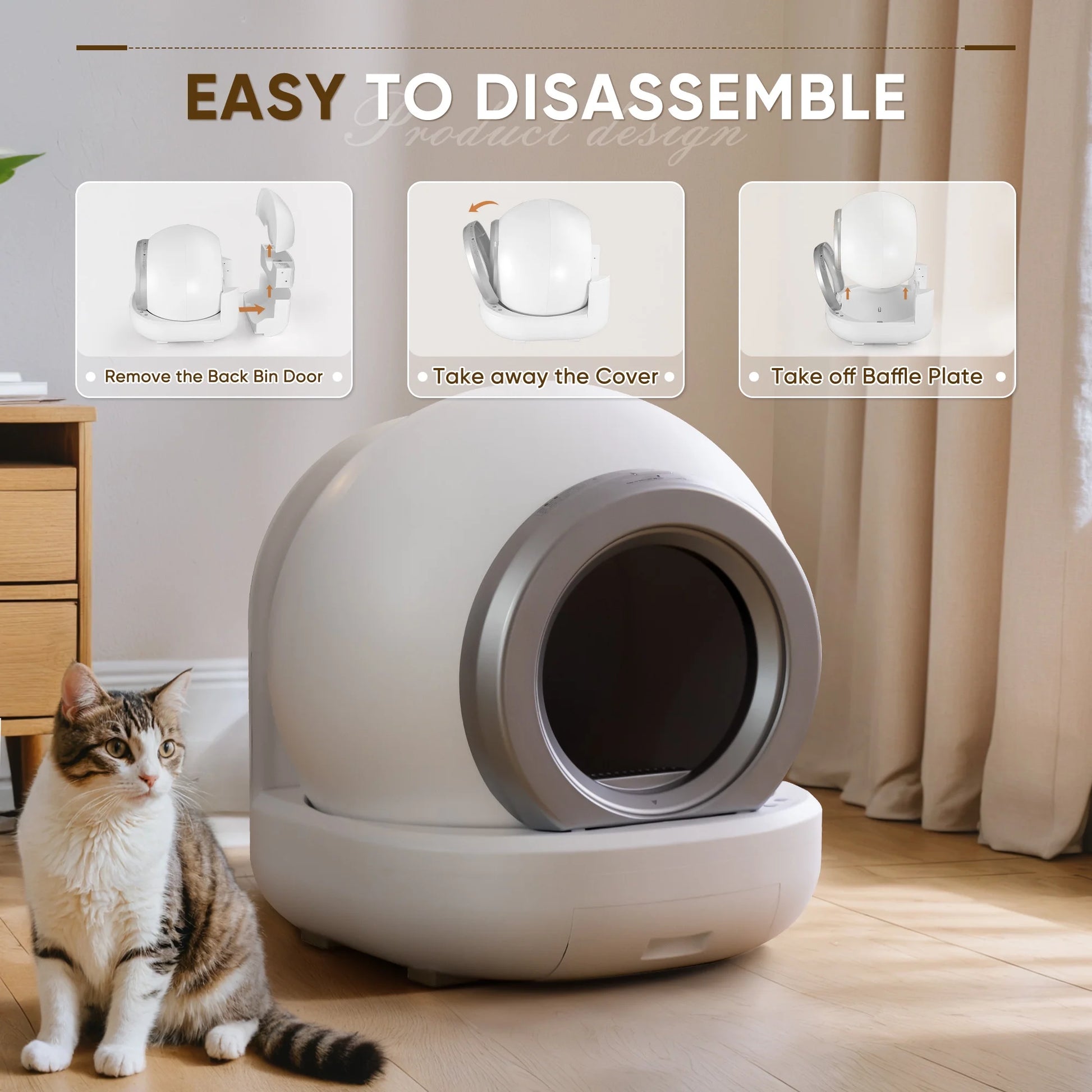 Automatic Self-Cleaning Cat Litter Box with Plastic Pad and App Control - White